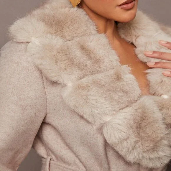 Khaki Elegant Womens Warm faux Fur trimmed belted Jacket  Coat - Picture 4 of 7